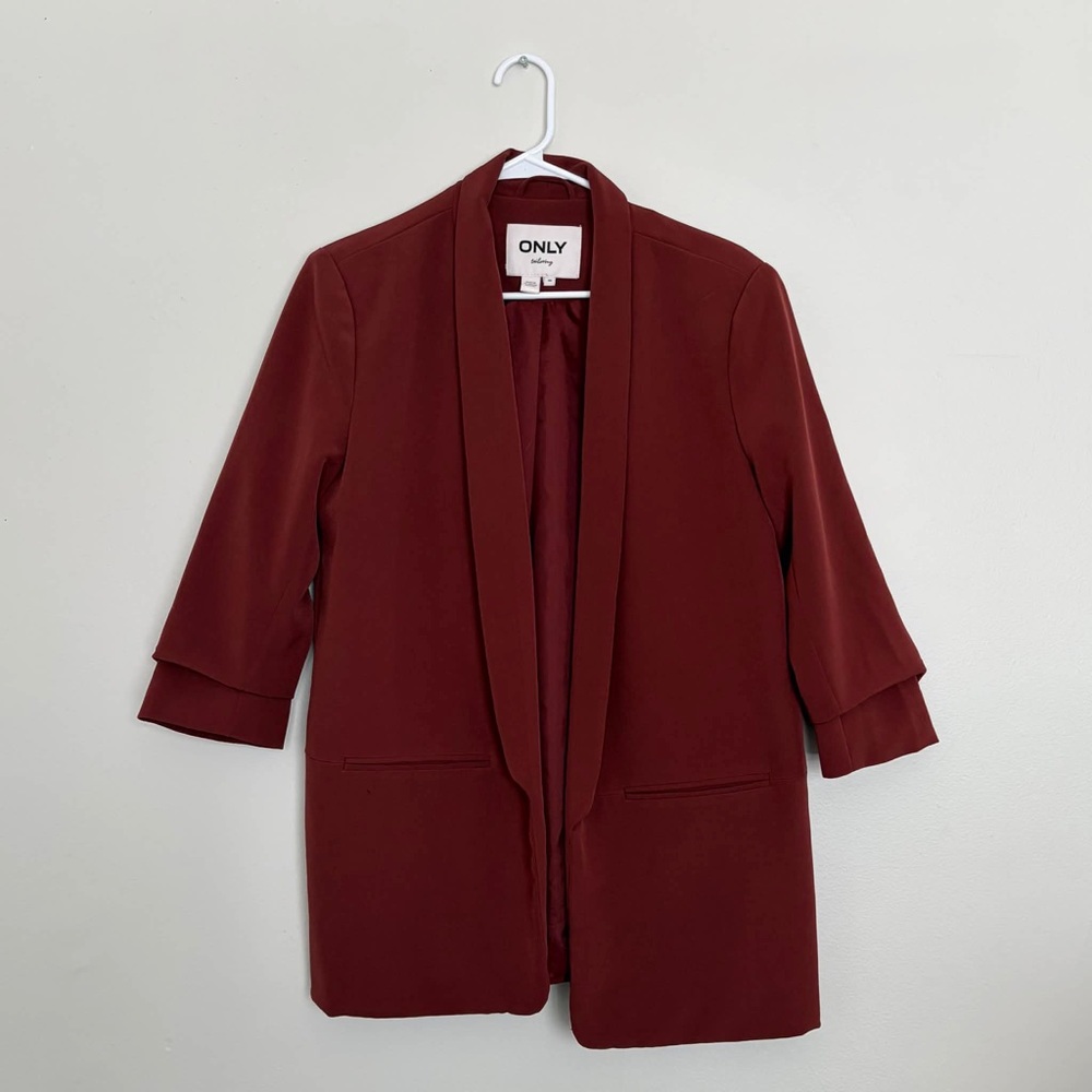 ONLY Tailoring Rust Burnt Orange Ruched Sleeve Open Front Blazer Terracotta Chic - Picture 3 of 5